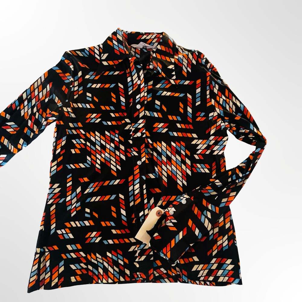 Vintage Joyce Nylon Knit Geometric Long Sleeve Button Down Shirt Size 34 - Picture 5 of 8